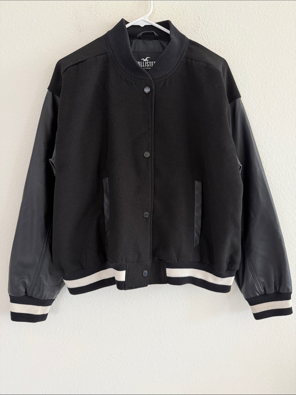 Hollister Black Bomber Varsity Mixed Media Jacket with White Stripe Trim